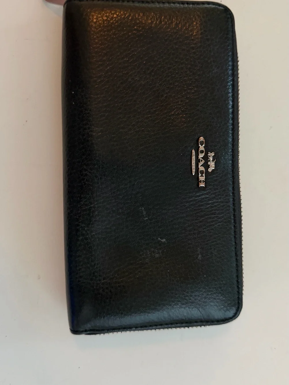 Coach Black Leather Zip Wallet with Silver Logo